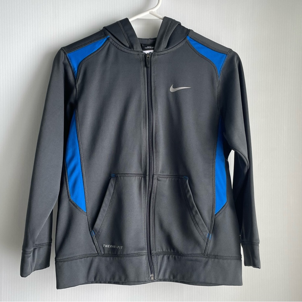 Nike boys full zip front lightweight athletic jacket long sleeve blue and grey